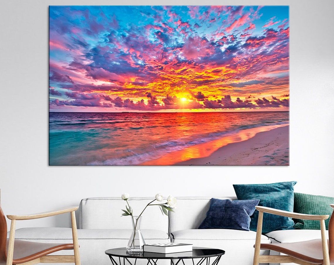 Tropical Beach Fiery Red Sunset Dramatic Clouds Ocean Poster