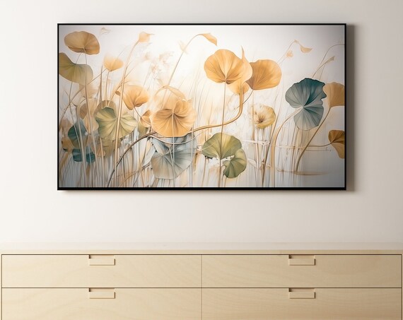 Golden Botanical Leaves Watercolor Pastel Floral Wall Art 16x9 Frame TV