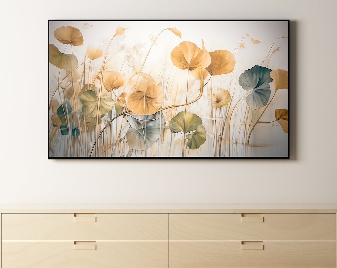 Golden Botanical Leaves Watercolor Pastel Floral Wall Art 16x9 Frame TV