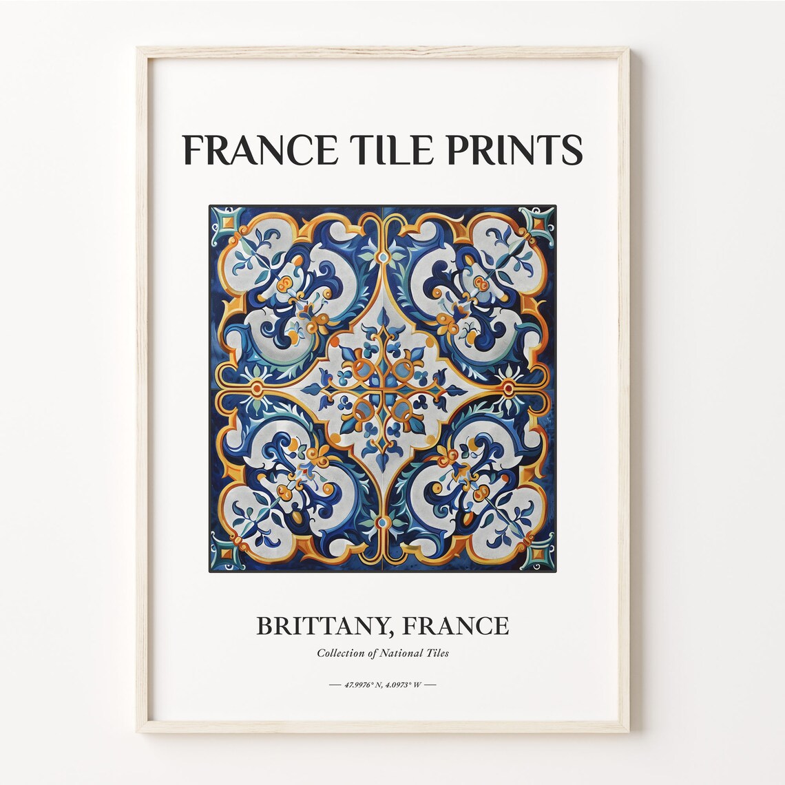 Brittany France Blue Gold Symmetrical Baroque Tile Art Decor Poster