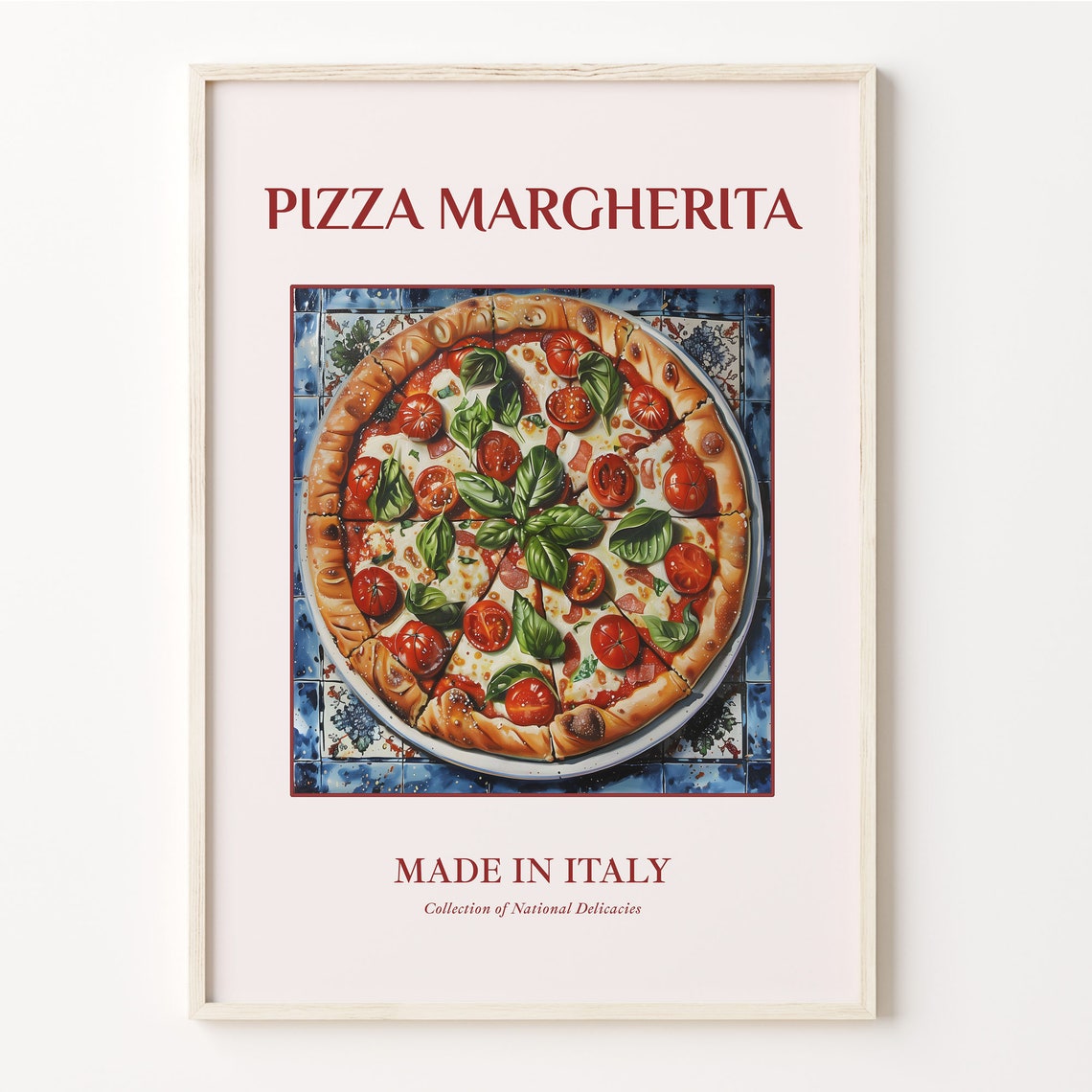 Pizza Margherita Italian Blue Tile Plate Kitchen Decor Poster