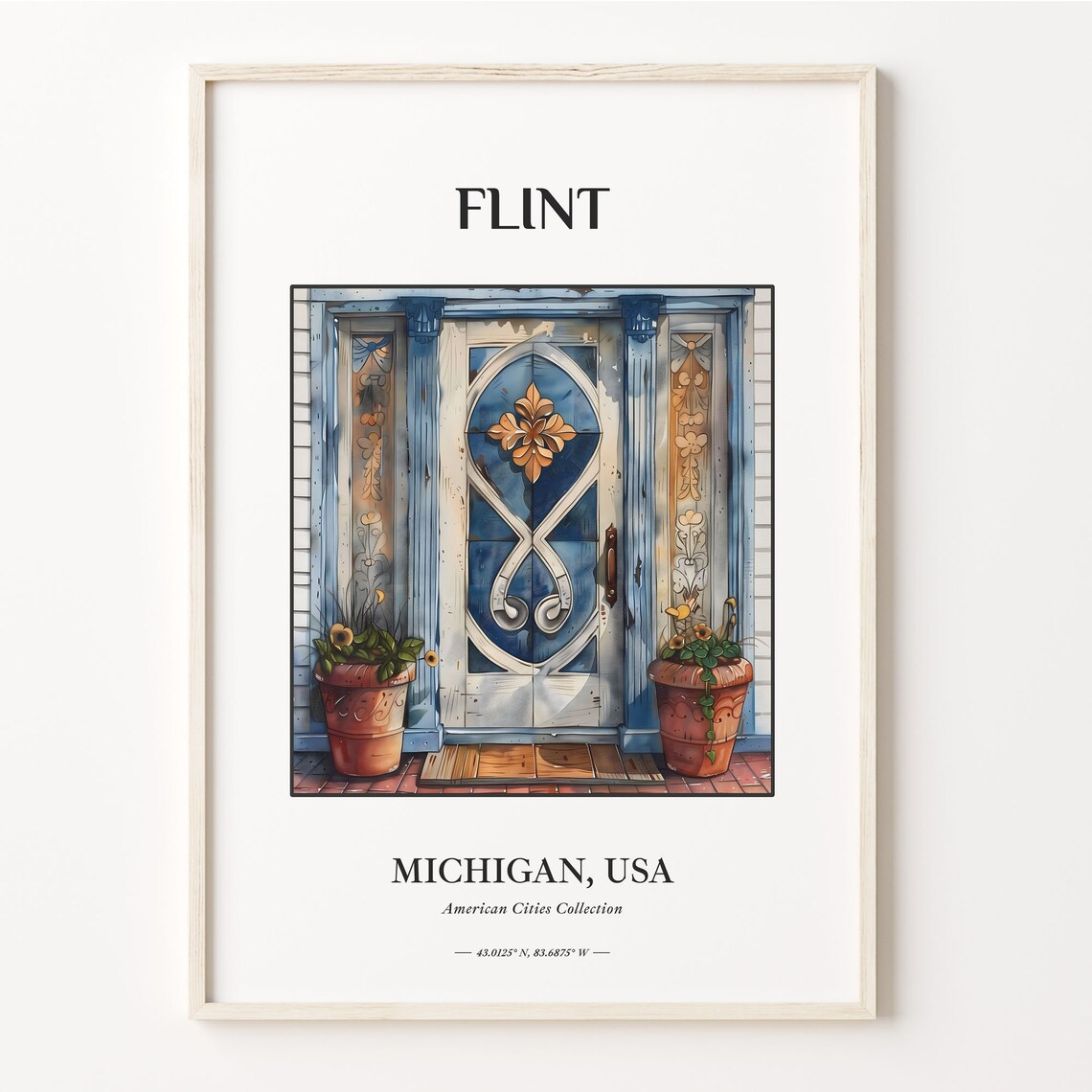 Flint Michigan Watercolor Blue Door with Potted Plants Art Poster