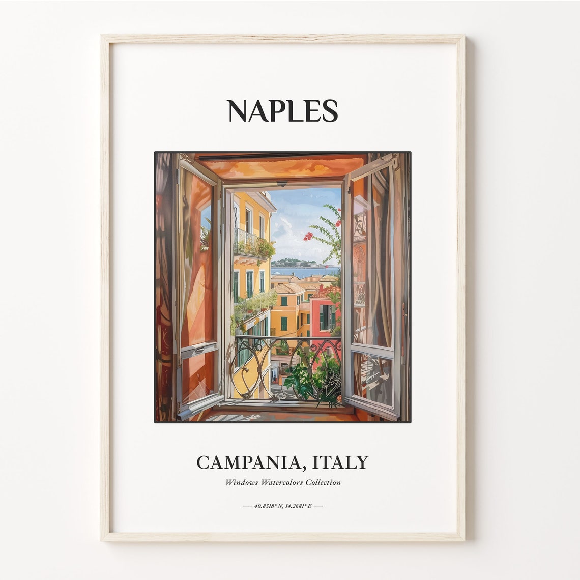 Naples Campania Italy Watercolor Window View Bay Rooftops Poster