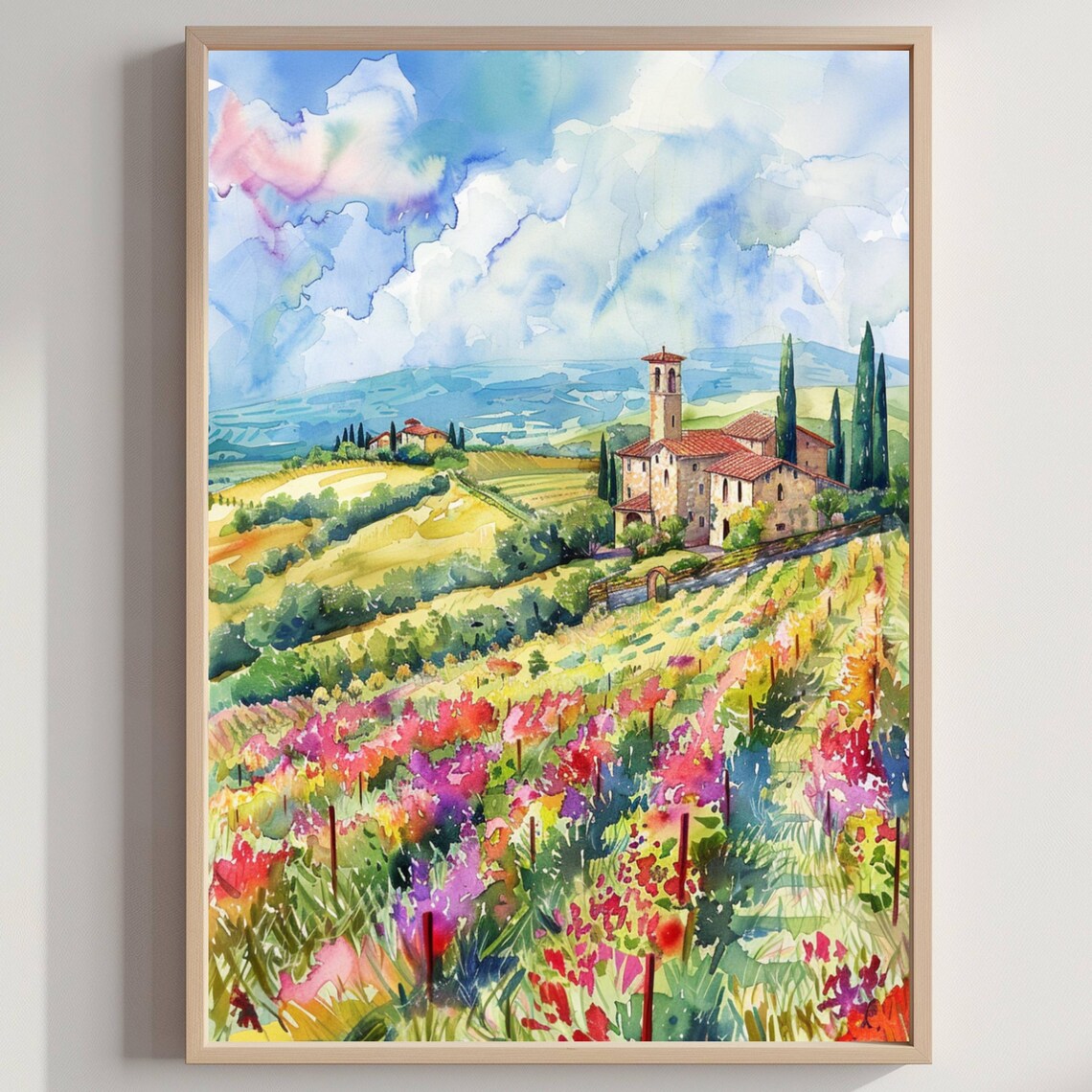 Tuscany Italy Rolling Hills Farmhouse Wildflower Watercolor Poster