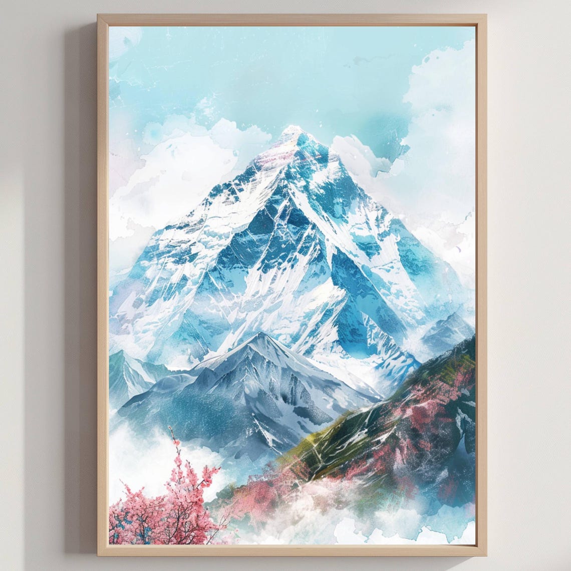Snowcapped Himalayan Peak Pink Cherry Blossoms Watercolor Poster