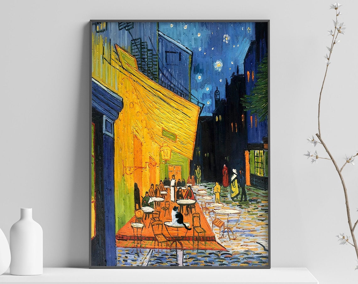 Vincent Van Gogh Cafe Terrace Starry Night Black Cat Wall Art - Image 3