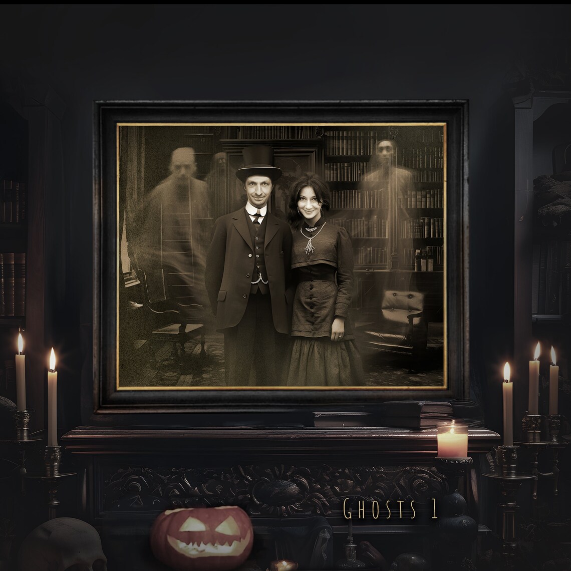 Custom Ghostly Couple Halloween Portrait Sepia Victorian Art Poster - Image 3