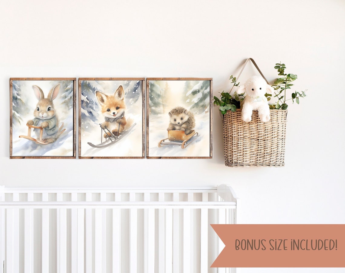 Woodland Animals Sledding In Snow Nursery Watercolor Wall Art