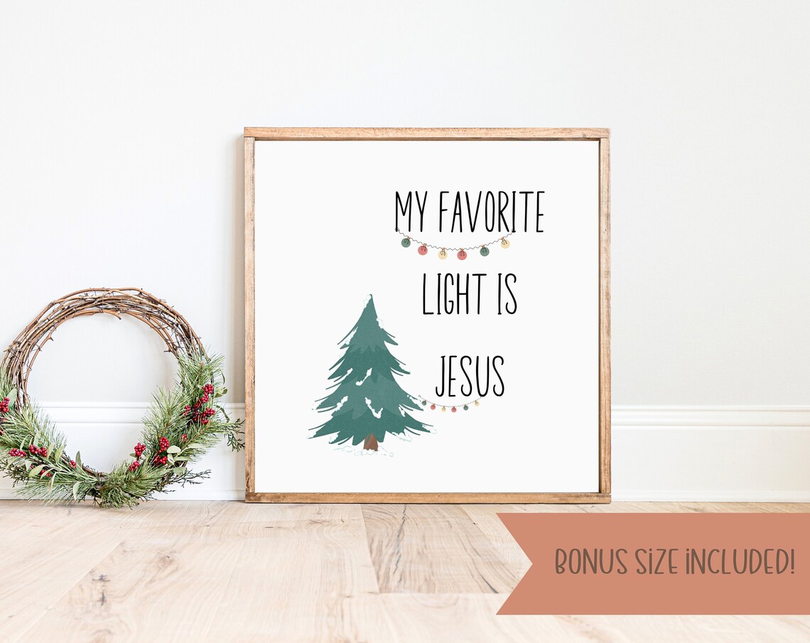 My Favorite Light Is Jesus Watercolor Christmas Tree Faith Wall Art