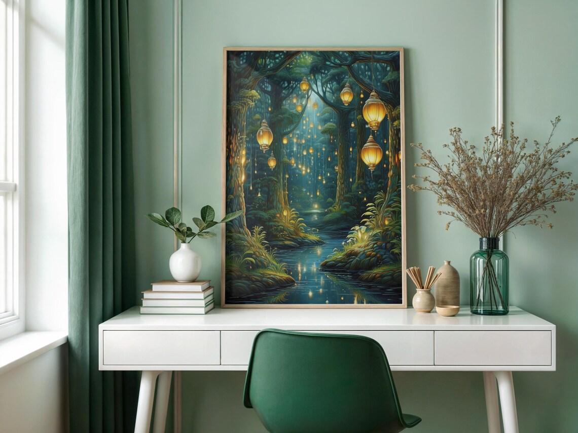 Enchanted Forest, Fantasy Lantern Landscape Print - Image 4