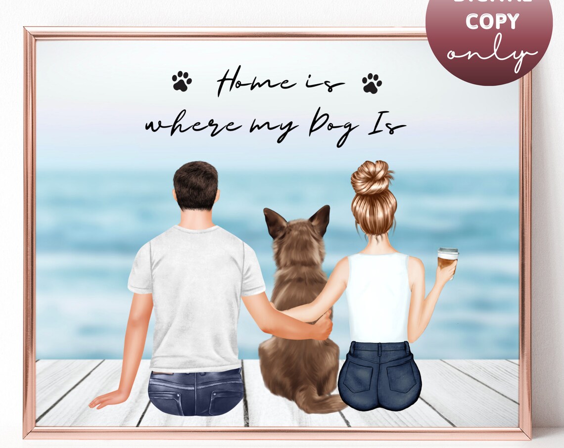 Home Is Where My Dog Is Couple and Dog Seaside Dock Portrait Poster