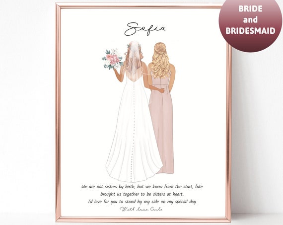 Bridesmaid Proposal Bride With Pink Gown Sisters at Heart Wedding Print