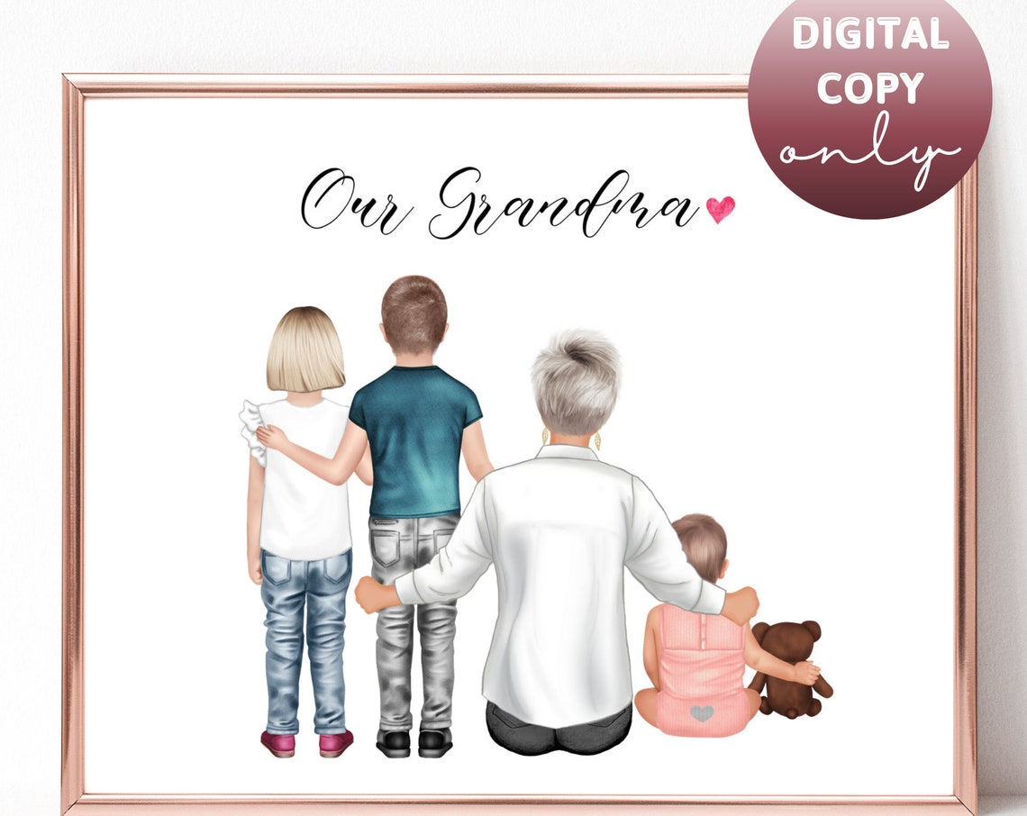 Our Grandma and Three Grandchildren Portrait Poster Personalized Family Gift