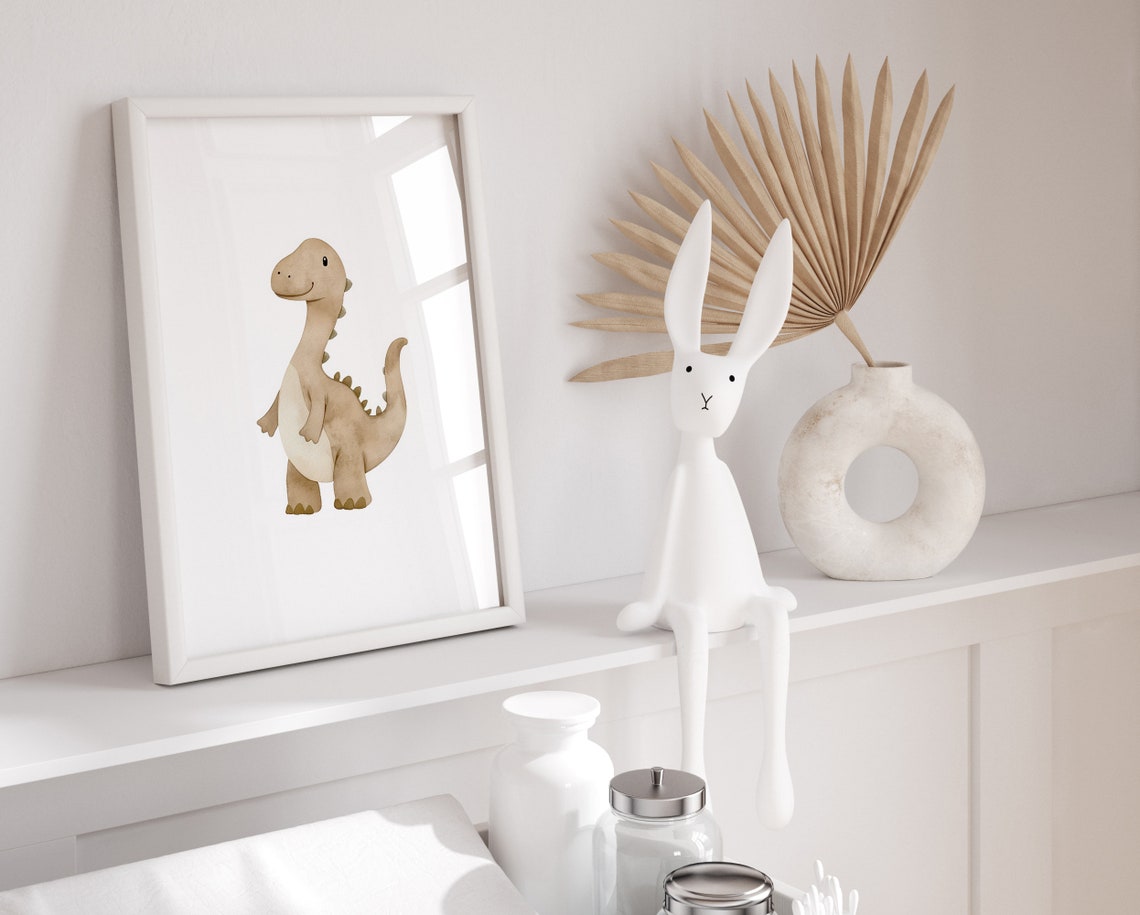 Cute Tan Baby Long Neck Dinosaur Watercolor Nursery Decor Poster - Image 2