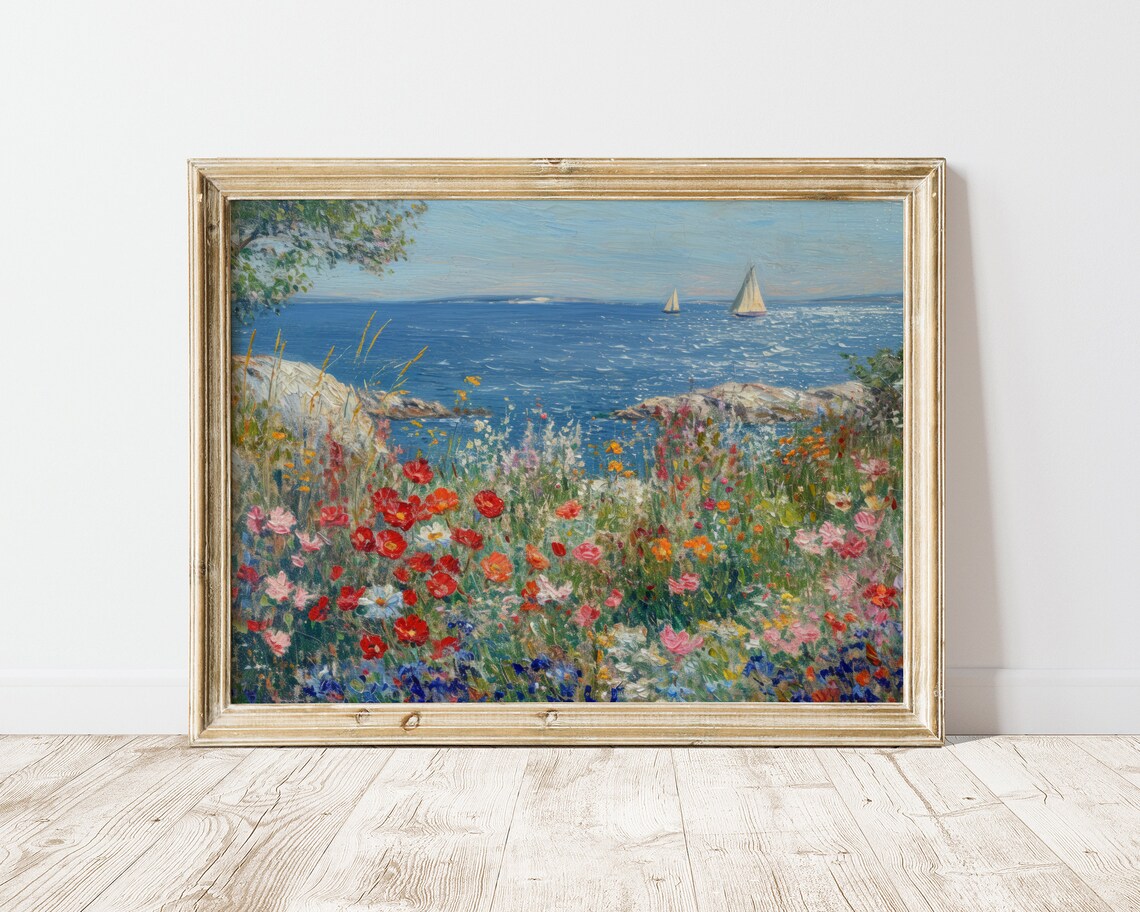 Coastal Wildflower Meadow Sailboats On Blue Sea Impressionist Art Print - Image 2