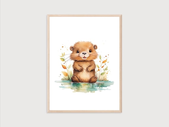 Cute Baby Beaver Watercolor Nursery Animal Woodland Decor Poster