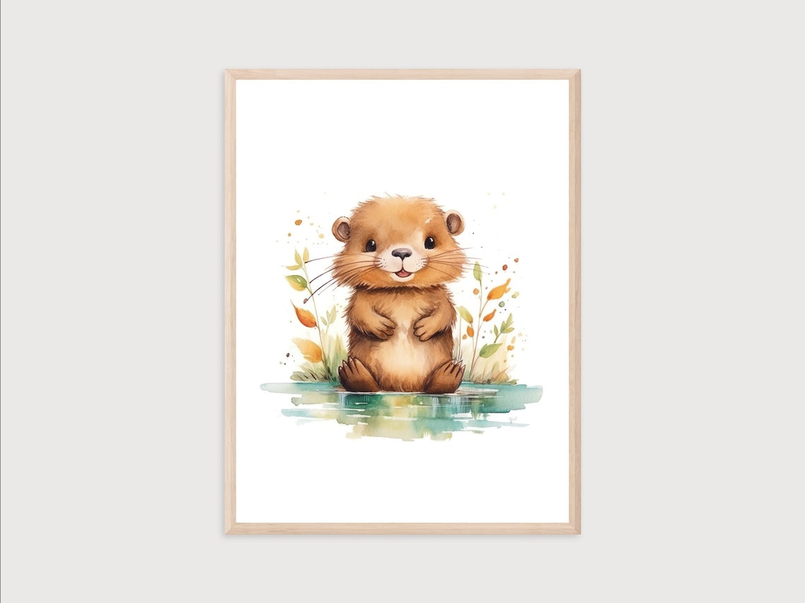 Cute Baby Beaver Watercolor Nursery Animal Woodland Decor Poster