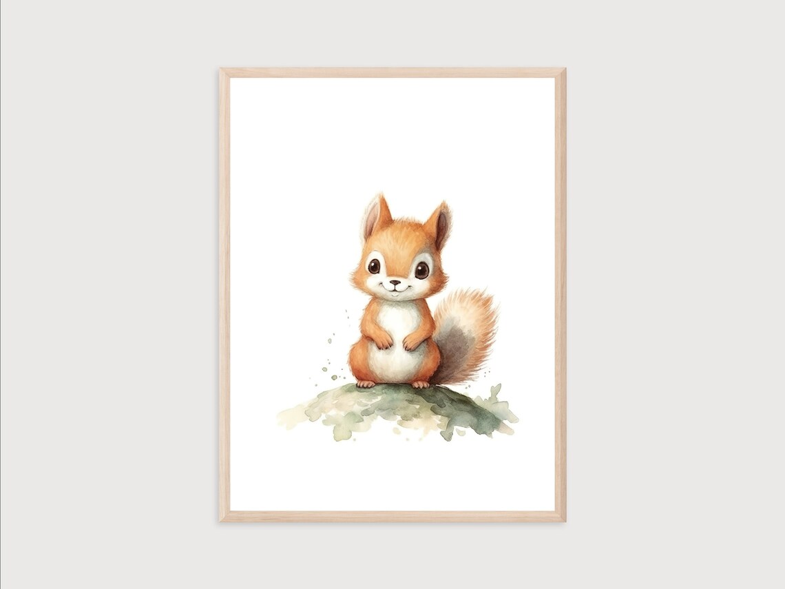Cute Baby Squirrel Watercolor Woodland Forest Nursery Animal Poster
