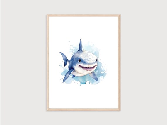 Smiling Baby Shark Watercolor Nursery Under the Sea Animal Poster