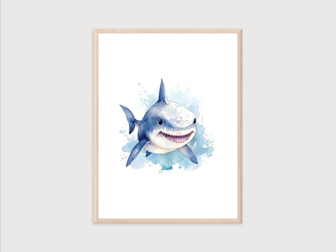 Smiling Baby Shark Watercolor Nursery Under the Sea Animal Poster