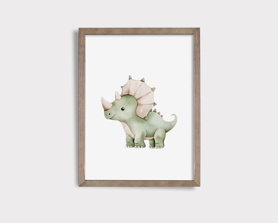 Sweet Green Baby Triceratops Dinosaur Watercolor Nursery Poster