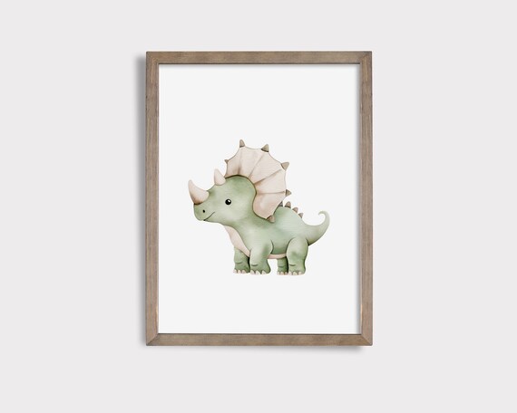 Sweet Green Baby Triceratops Dinosaur Watercolor Nursery Poster