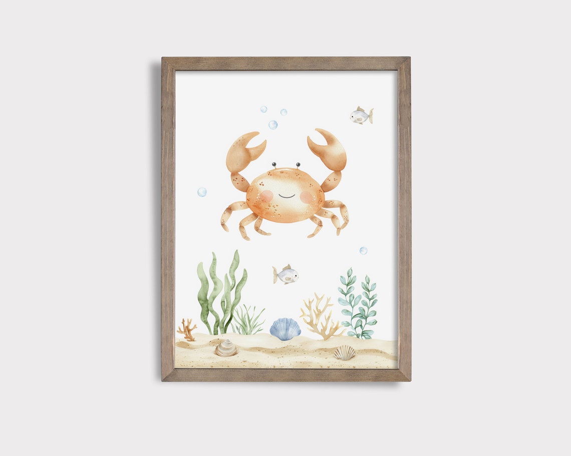 Smiling Crab Watercolor Under The Sea Ocean Animal Nursery Poster