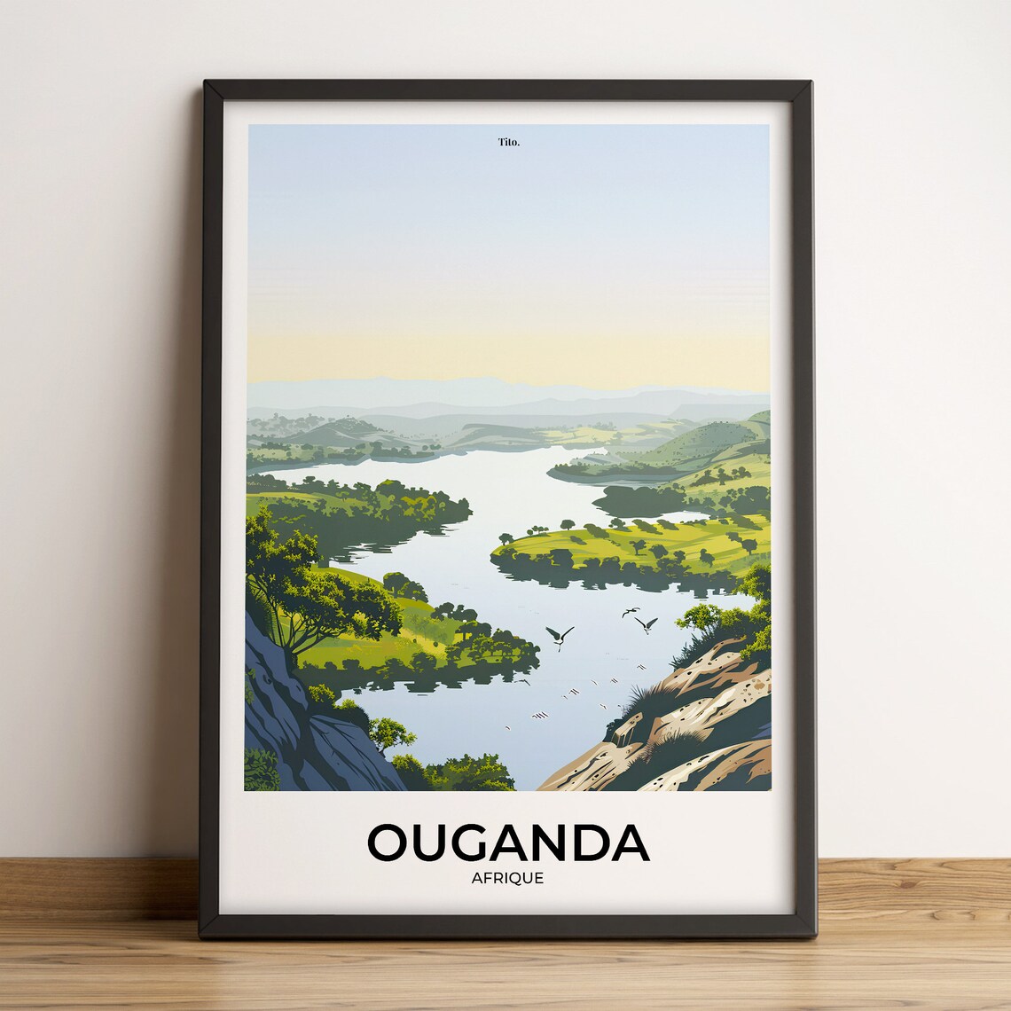 Uganda Africa Lake Hills Birds Peaceful Landscape Travel Poster