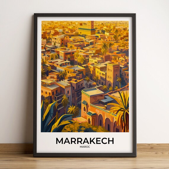 Marrakech Morocco Medina Koutoubia Golden Rooftops Vintage Poster
