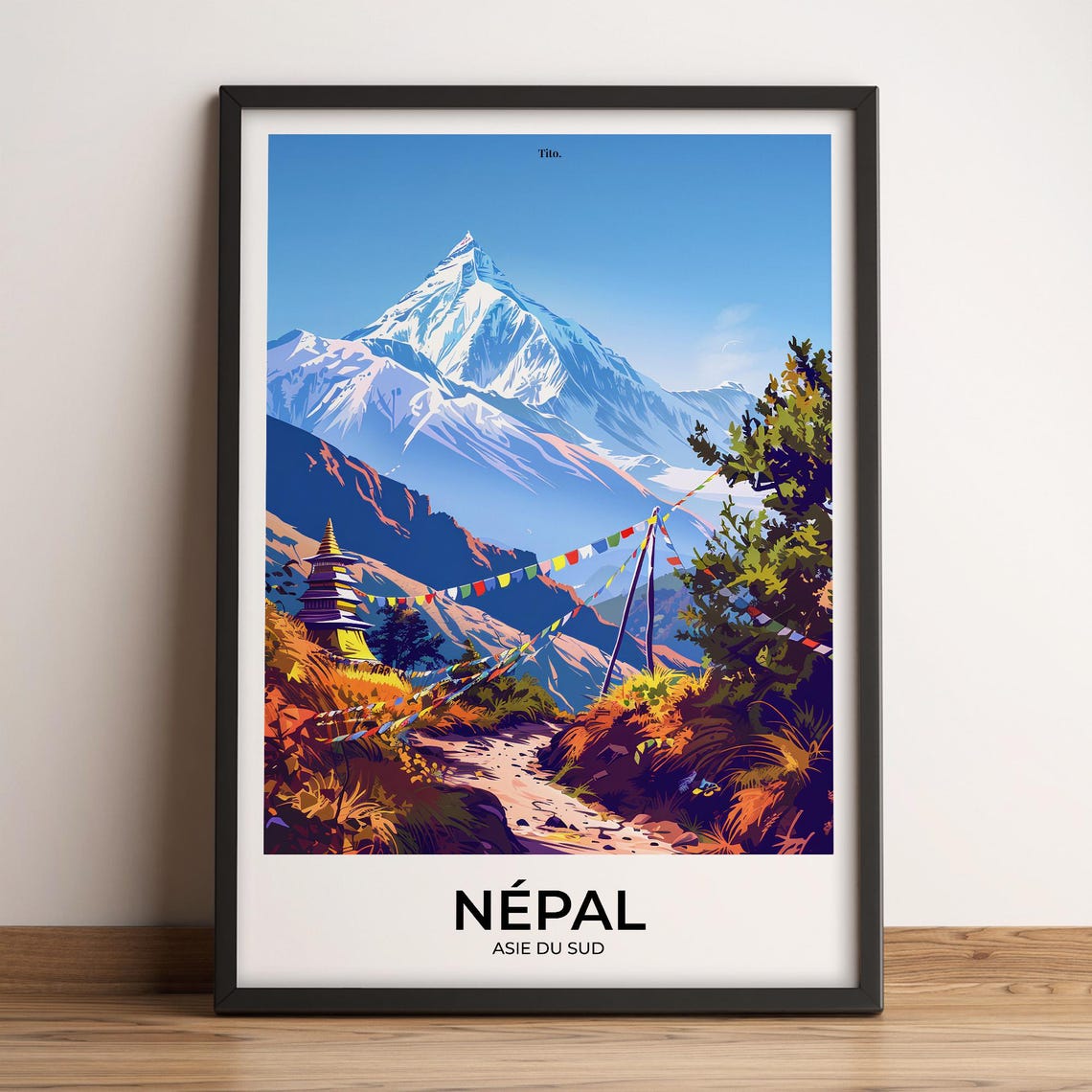 Nepal South Asia Himalayan Peak Prayer Flags Valley Travel Poster