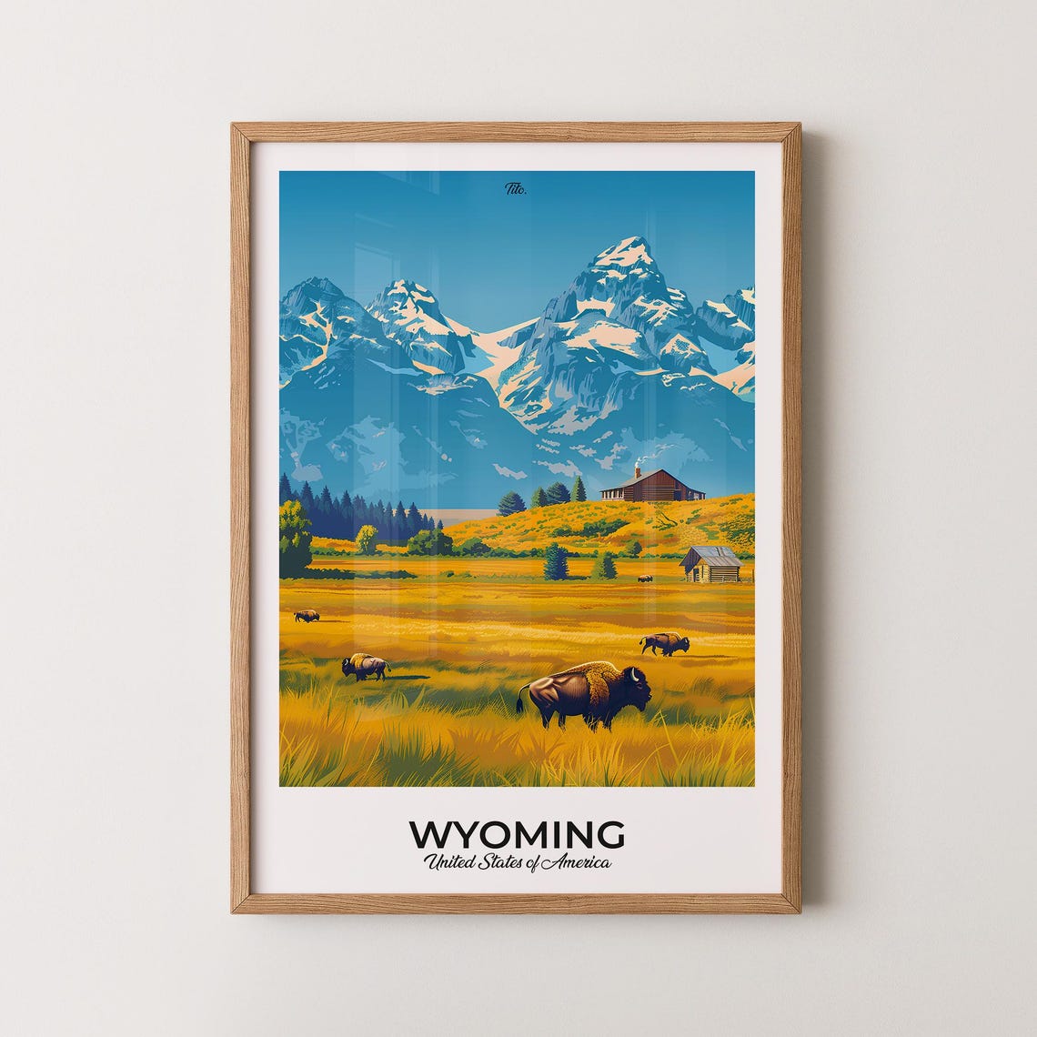 Wyoming Bison Buffalo Herd Snowy Mountain Prairie Sunset Poster