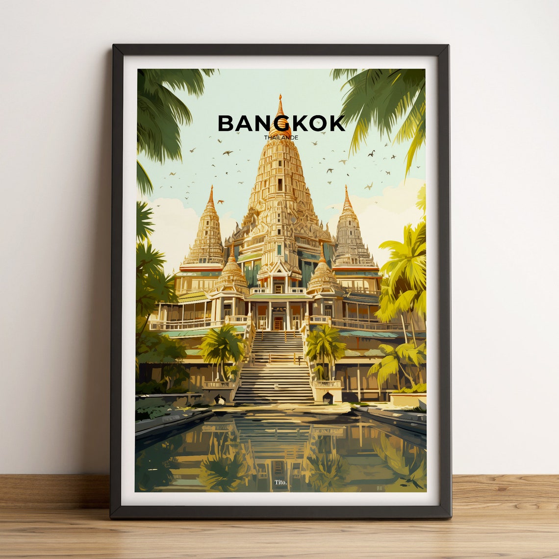 Bangkok Thailand Ornate Wat Temple Daytime Palms Travel Poster