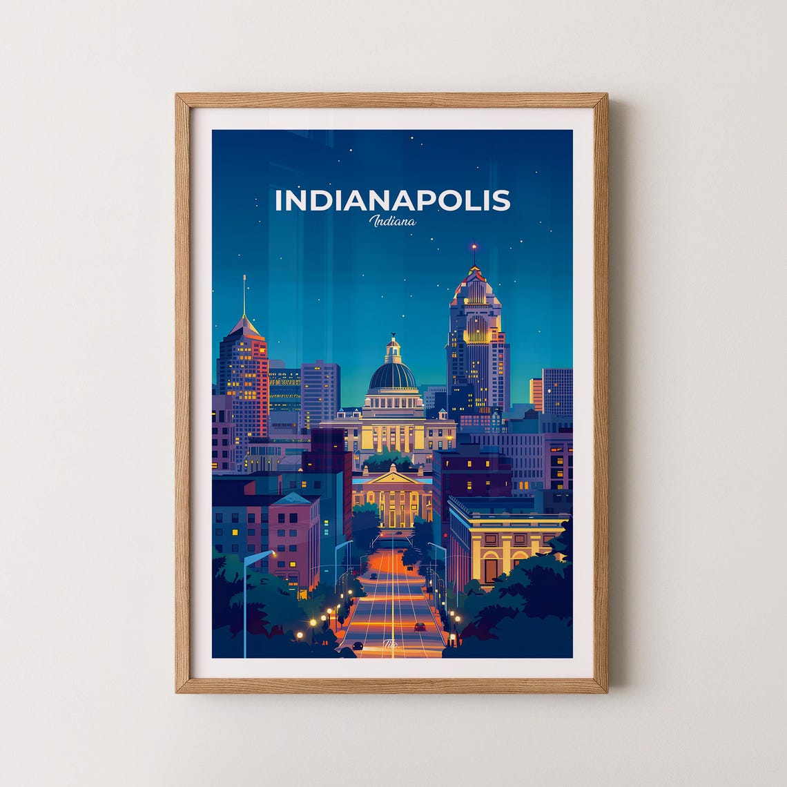Indianapolis Indiana Skyline Travel Poster Night Downtown Scene