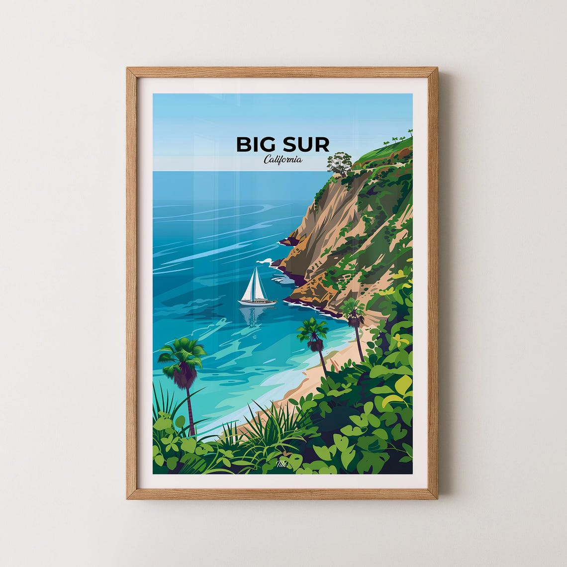 Big Sur California Travel Poster Ocean Cliffs Sailboat View Art