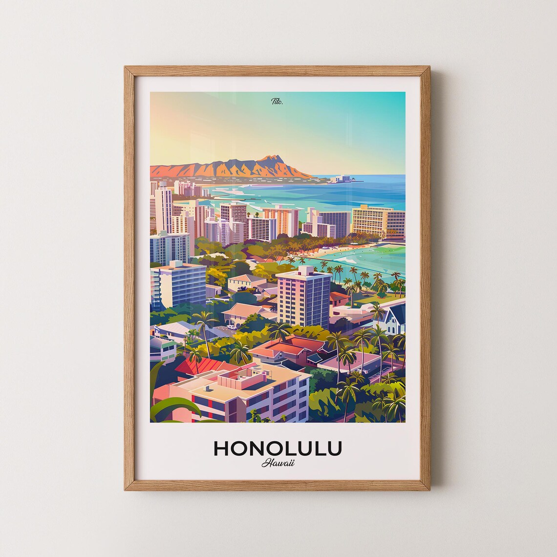 Honolulu Hawaii Diamond Head Aerial Cityscape Sunset Travel Poster