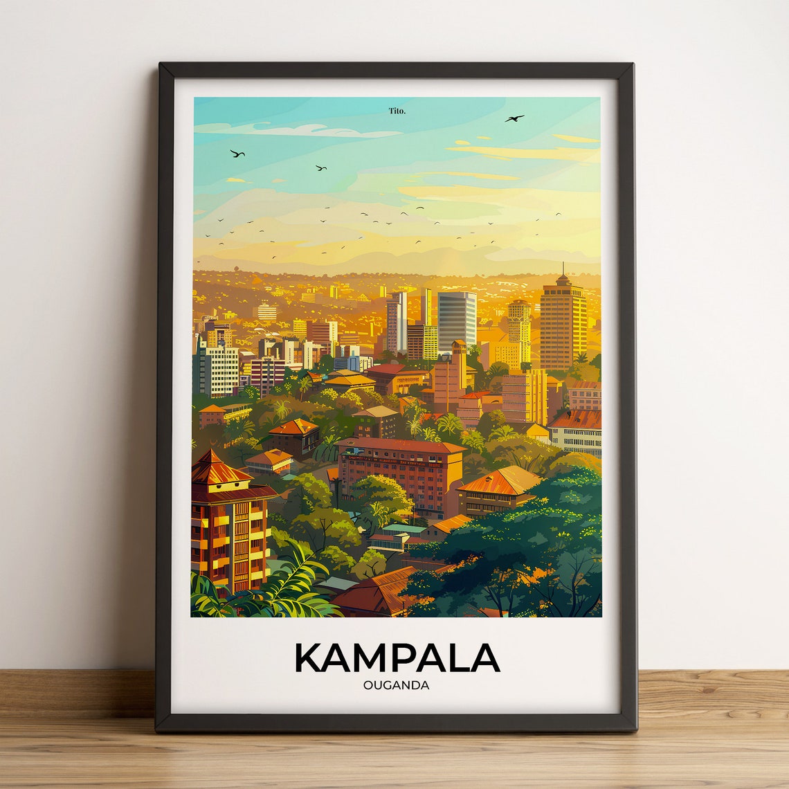 Kampala Uganda Africa City Skyline Sunset Birds Vintage Travel Poster