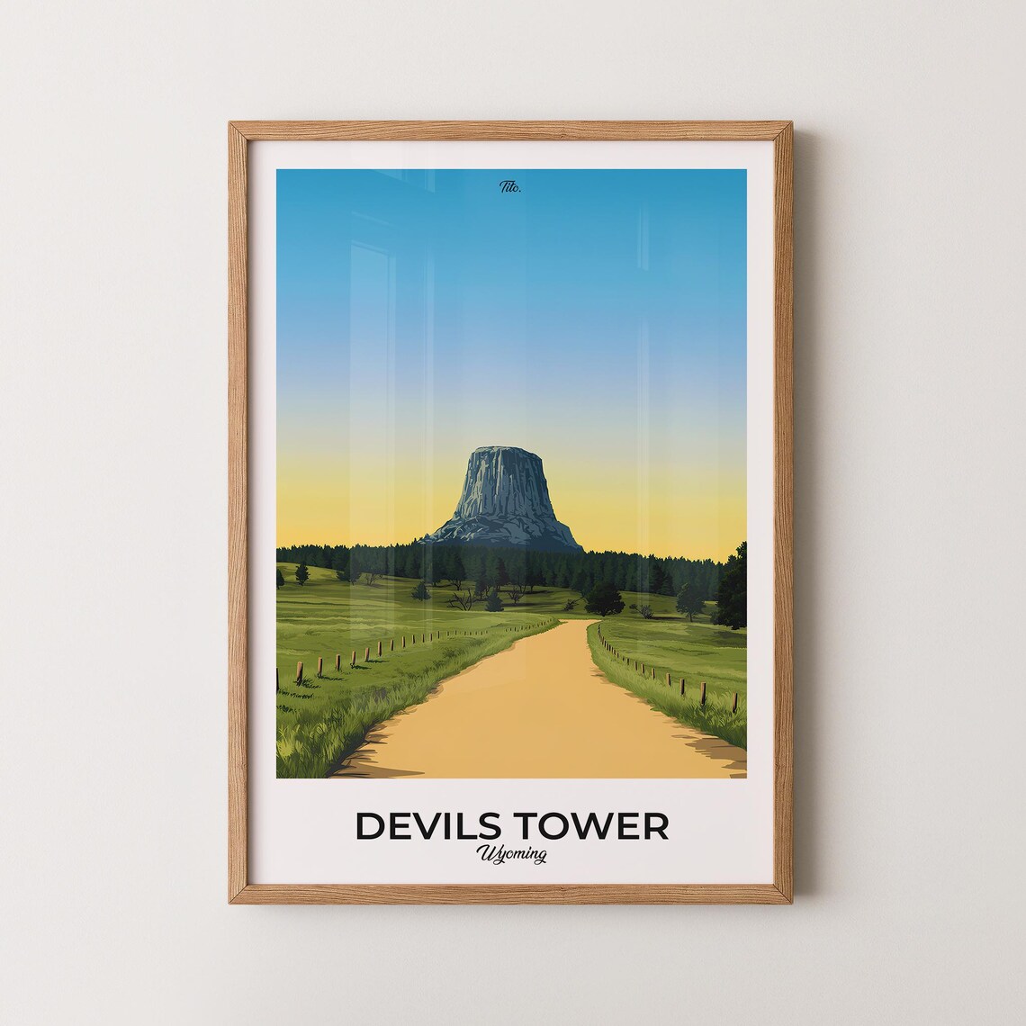 Devils Tower Wyoming Prairie Sunset Vintage Travel Art Poster