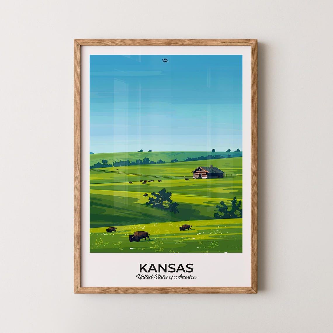 Kansas Rolling Plains Buffalo Herd Cabin Pasture Travel Poster