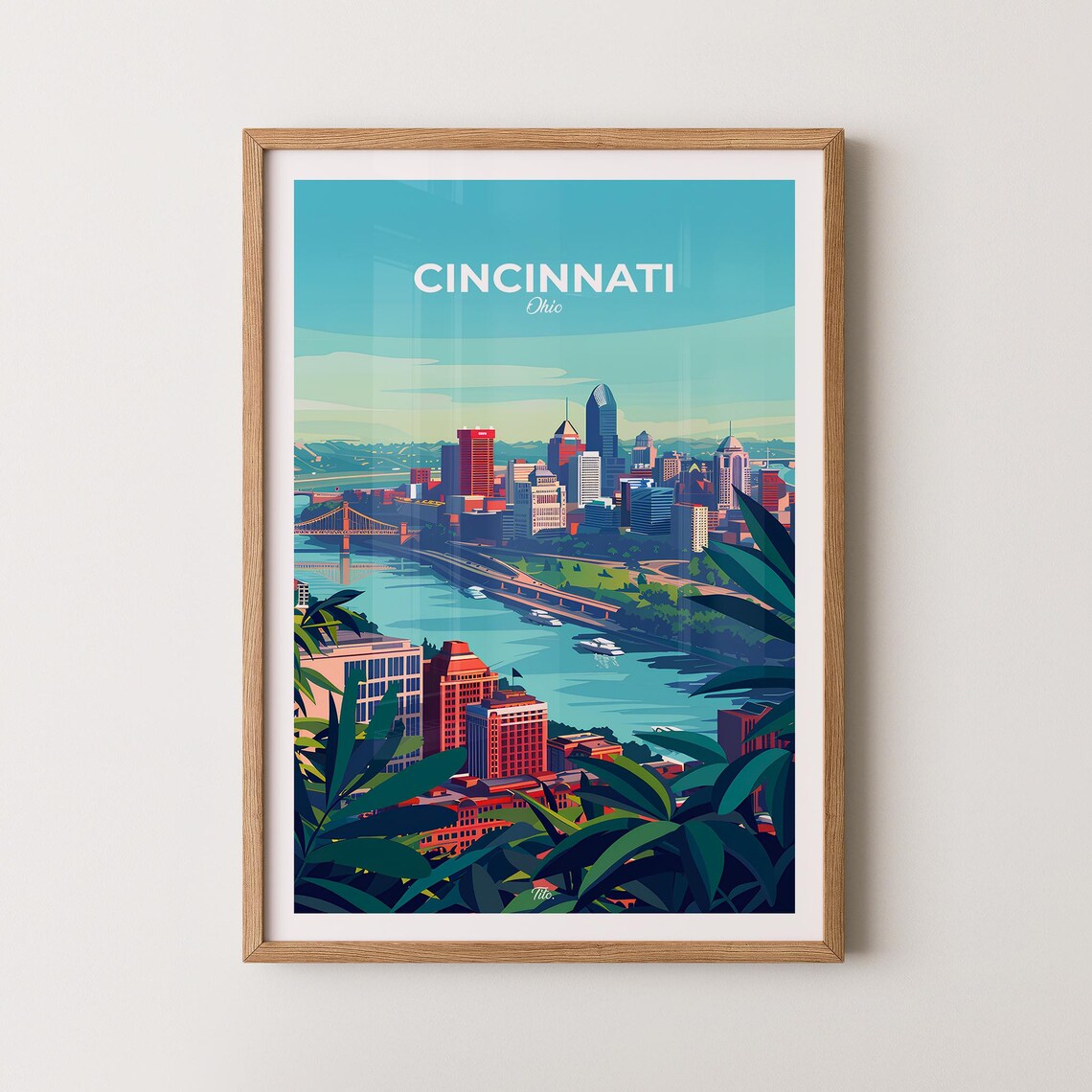 Cincinnati Ohio Skyline Poster Riverside Bridges City View Art