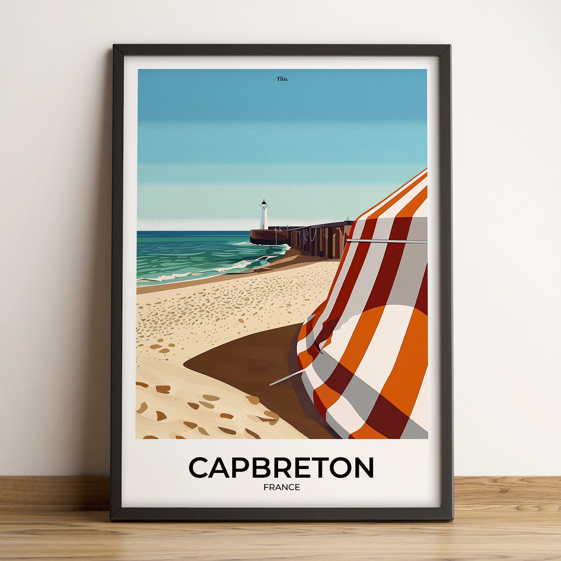 Capbreton France Beach Pier Parasol Illustrated Coastal Poster