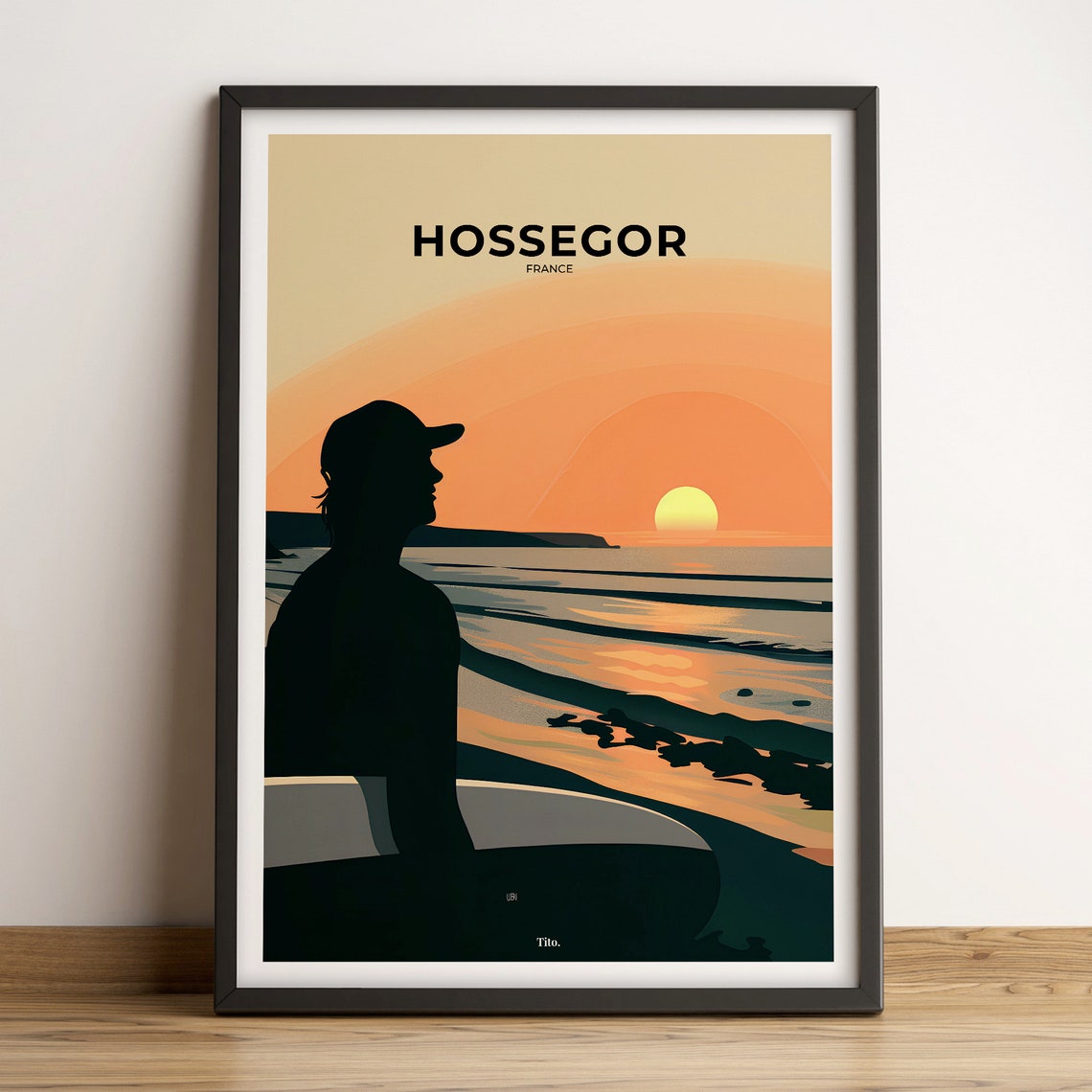 Hossegor France Surfboard Sunset Ocean Silhouette Travel Poster