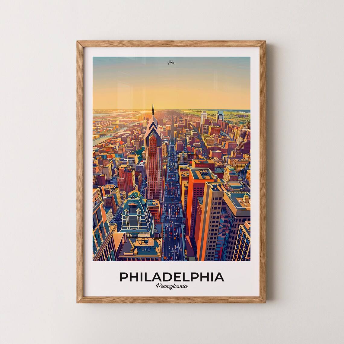 Philadelphia Pennsylvania Skyline Golden Hour Aerial Travel Poster