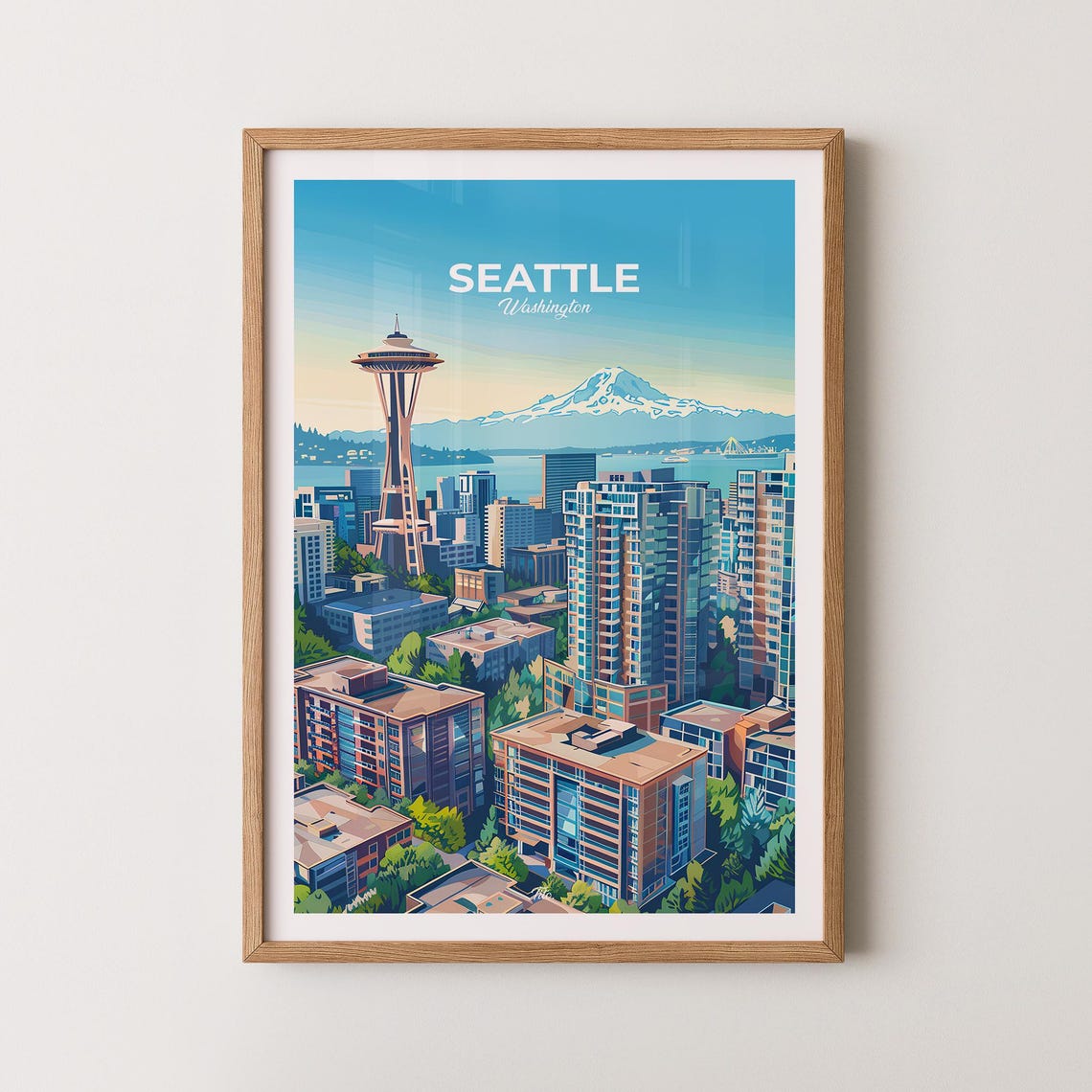Seattle Washington Space Needle Skyline and Mount Rainier Poster