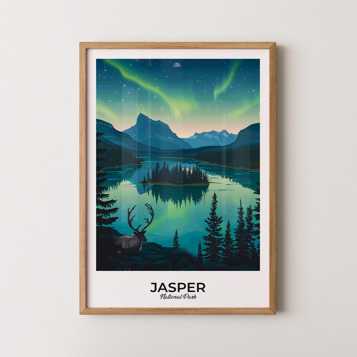Jasper National Park Starlit Aurora Lake Elk Mountain Night Poster
