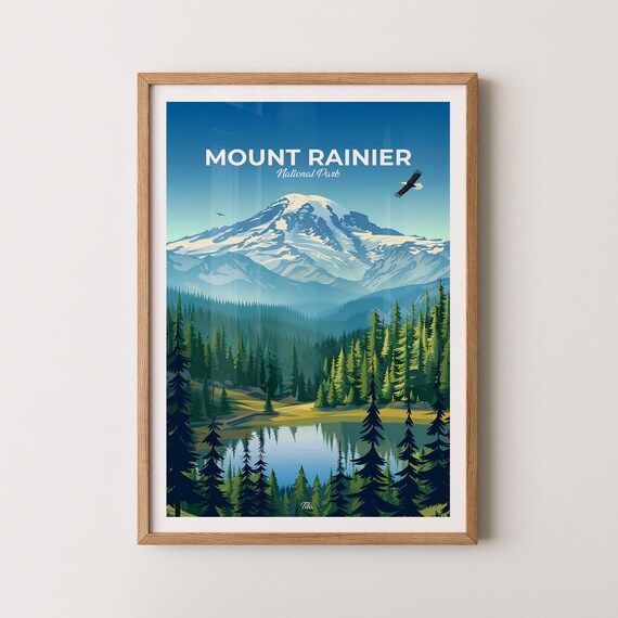 Mount Rainier National Park Snowy Summit Eagle Forest Lake Travel Poster