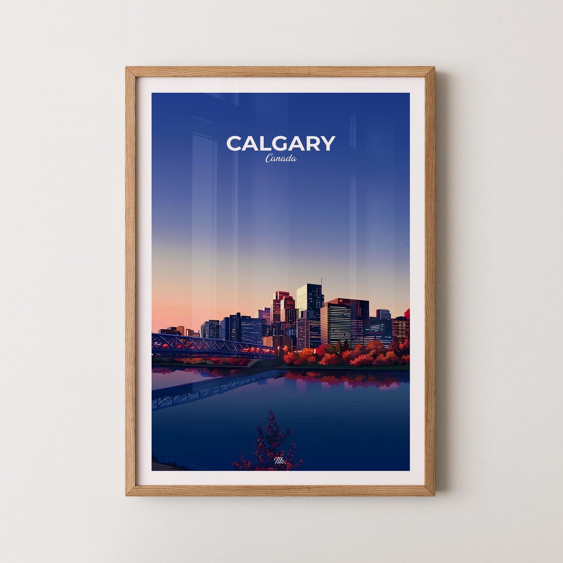 Calgary Canada Downtown Skyline Golden Sunset River Reflection Poster