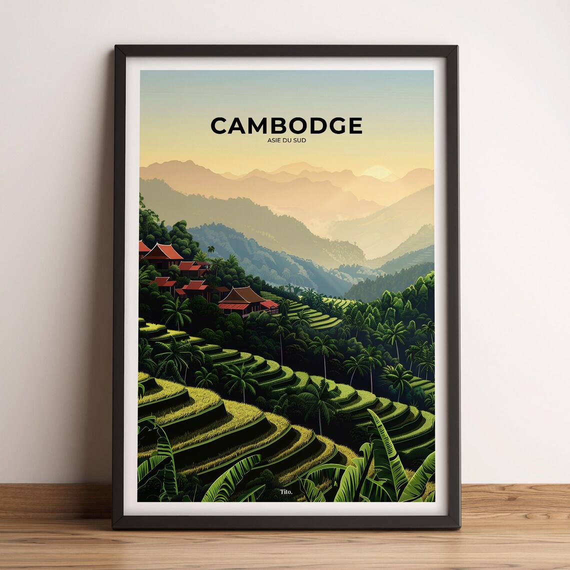 Cambodia Terraced Hills Village Sunset Vintage Travel Poster Art