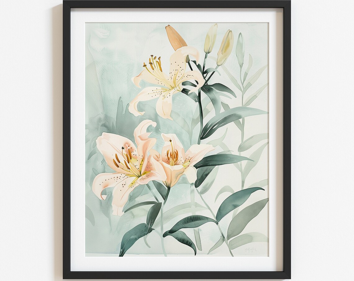 White Lily Watercolor Spring Flower Neutral Botanical Wall Art - Image 2