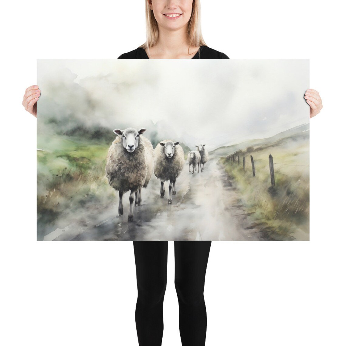 Irish Sheep Misty Country Lane Rustic Farm Animals Watercolor Poster - Image 5