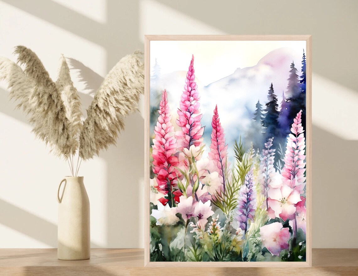 Pink Foxgloves Mountain Meadow Watercolor Wildflower Art Print - Image 5